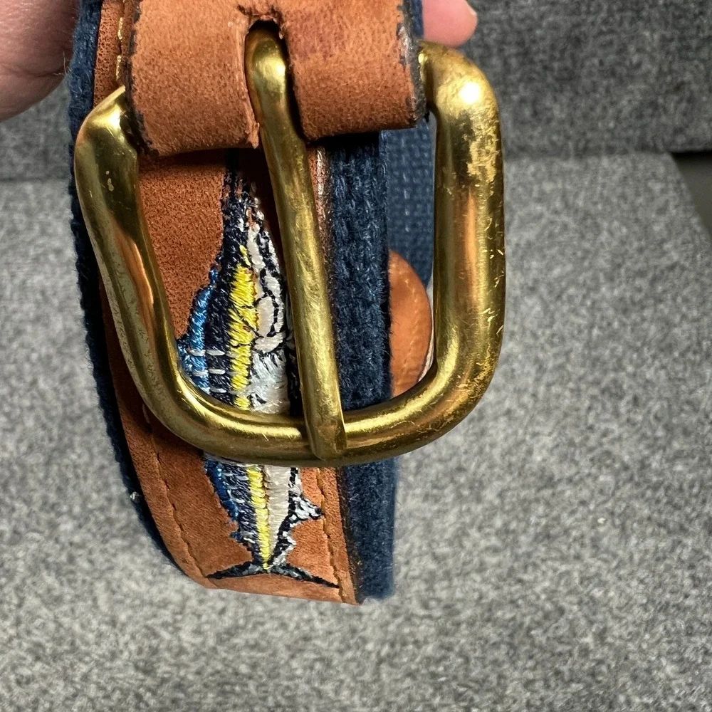 Zep Pro Belt Mens 42 Brown Leather Blue Knit Marlin Embroidered
